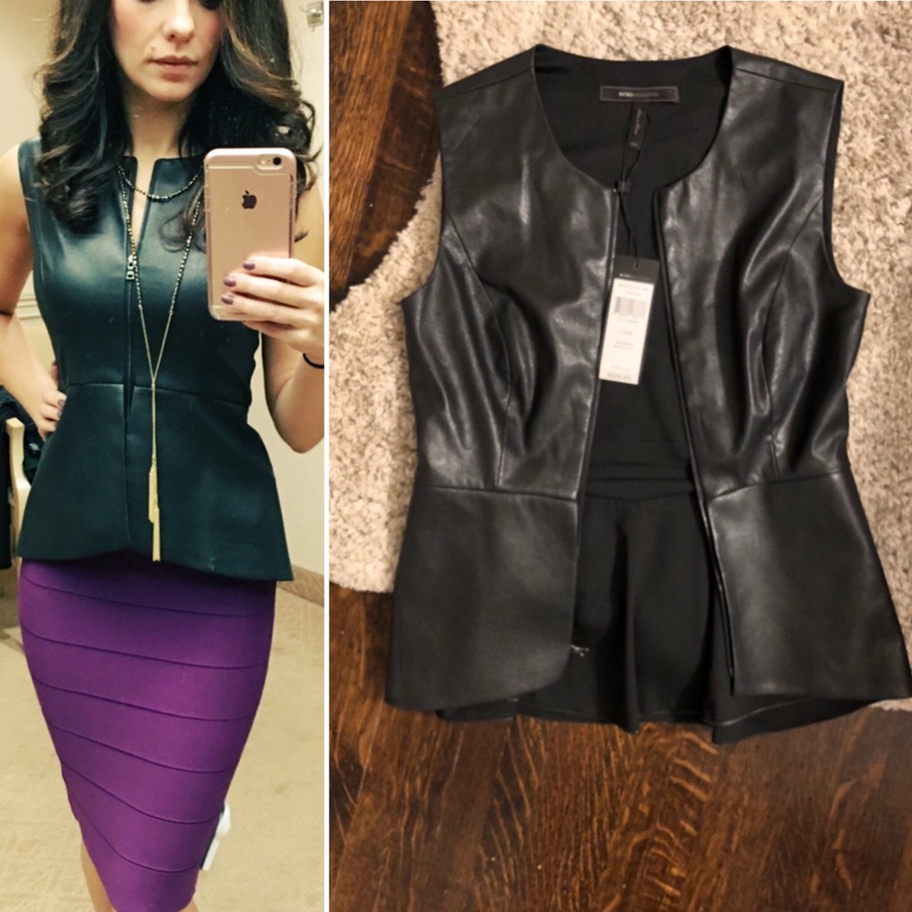NWT bcbg faux leather peplum top